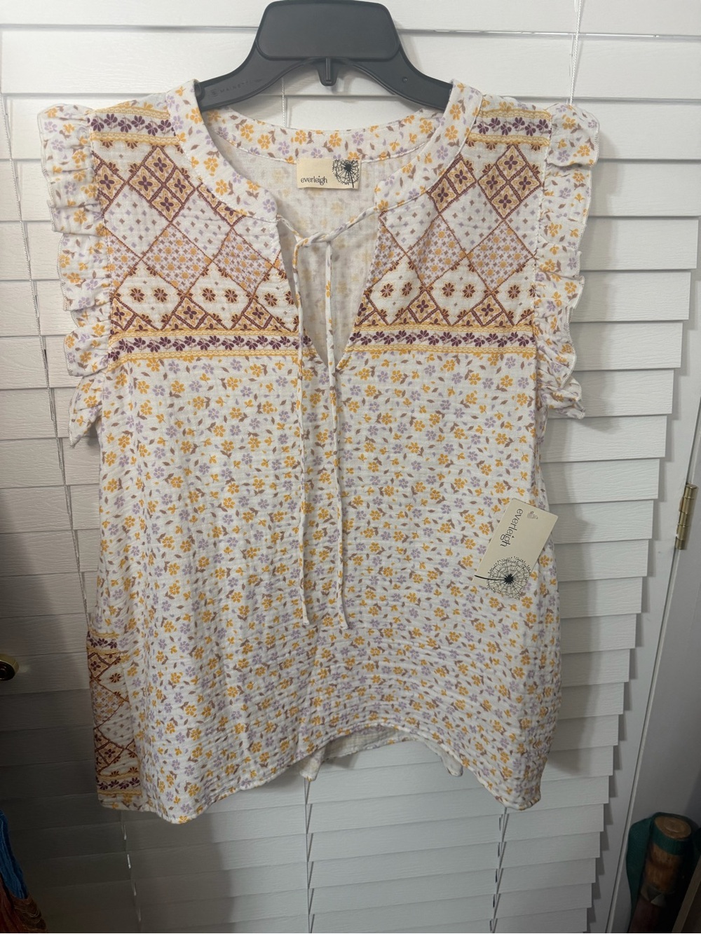 everleigh White Floral Embroidered Sleeveless Top with Mustard Accents